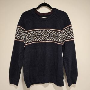 Fair Isle Style Crew Neck Sweater XL Mens Navy Blue Red Cotton Blend Winter Prep